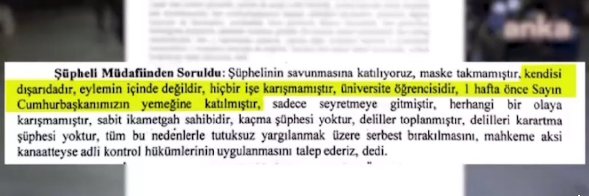Tahliye gerekçesi: 
“Cumhurbaşkanının yemeğine katıldı”

Saraçhane’de gözaltına alınan 19 gençten 17’si tutuklandı. Aynı suçlamayla yargılanıp serbest bırakılan gençlerden birinin avukatı çok kısa savunma yaptı: “Bir hafta önce sayın Cumhurbaşkanının yemeğine katıldı.” (Now TV)