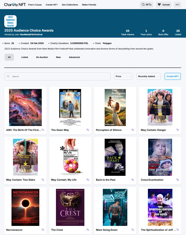 Vote online for your favorite movies, screenplays, and music videos for the 2025 Audience Choice Awards by the New Media Film Festival to support charitable causes in art &amp; culture, education, and environment:
charitynft.org/collection-det…