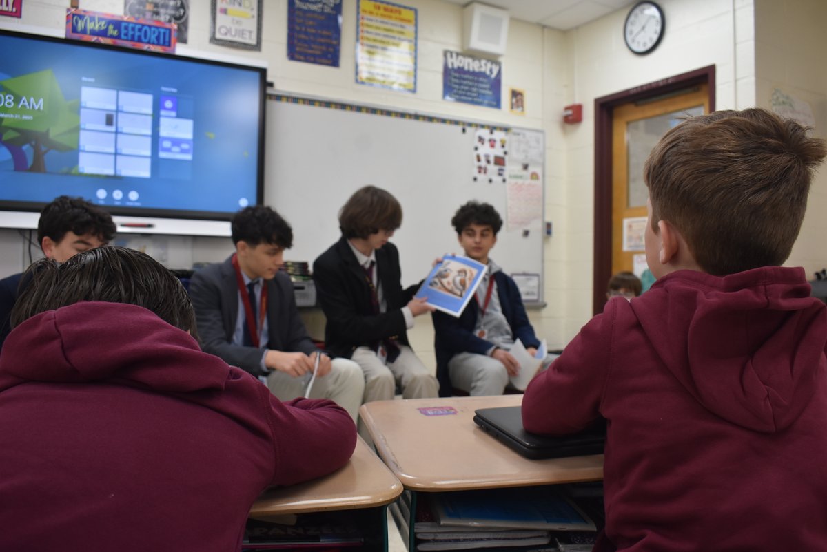 's tweet image. Learning happens across campuses at #IonaPrep, as our Superior Talent Enrichment Program English classes after reading "Animal Farm" with Ms. Falvey, shared their carefully crafted fables demonstrating moral and ethical leadership with their @IonaPrepLower brothers this morning.