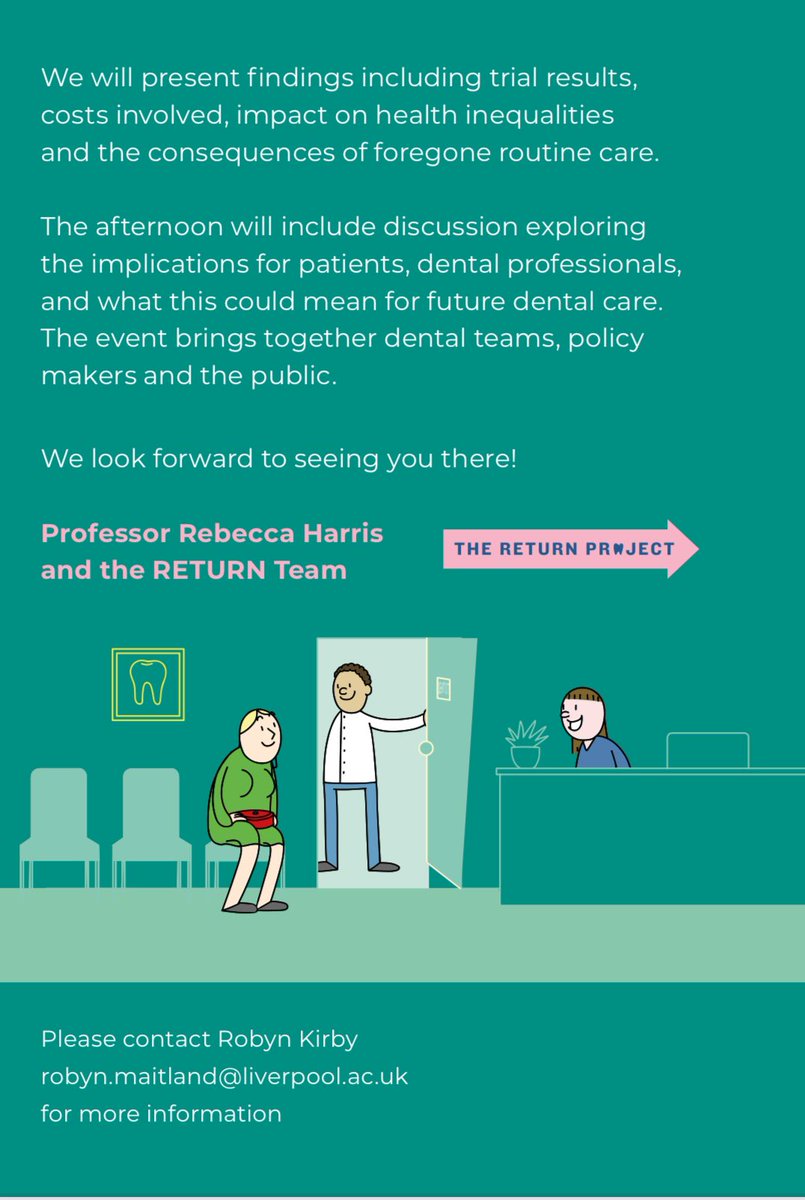 Rebecca Harris (@rebeccavharris) on Twitter photo Looking forward to a great gathering of dental team members, policy makers and community members <a href="/LivUni/">University of Liverpool</a> when we share results of <a href="/NIHRresearch/">National Institute for Health and Care Research</a> funded RETURN trial. Lots to discuss on dental service use, inequalities, impact & cost
Booking link is here
eventbrite.co.uk/e/return-trial… Looking forward to a great gathering of dental team members, policy makers and community members <a href="/LivUni/">University of Liverpool</a> when we share results of <a href="/NIHRresearch/">National Institute for Health and Care Research</a> funded RETURN trial. Lots to discuss on dental service use, inequalities, impact & cost
Booking link is here
eventbrite.co.uk/e/return-trial…