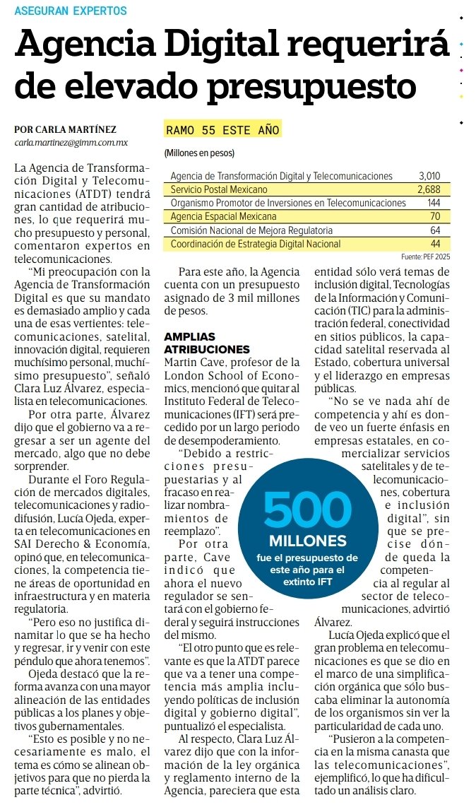 La ATDT requiere de presupuesto robusto para cumplir con sus atribuciones
Opinaron <a href="/L0jeda/">Lucía Ojeda</a> <a href="/claraluzalvarez/">Clara Luz Alvarez</a>