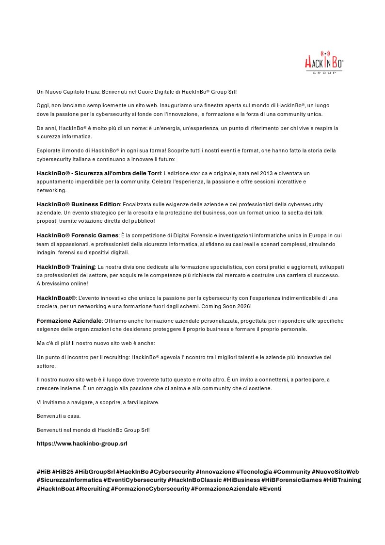 Benvenuti nel Cuore Digitale di HackInBo® Group Srl! 

Un nuovo inizio, una finestra aperta sul mondo HackInBo®, dove cybersecurity, formazione e community si fondono.

Scopri gli eventi e i format di HackInBo®! 

hackinbo-group.srl