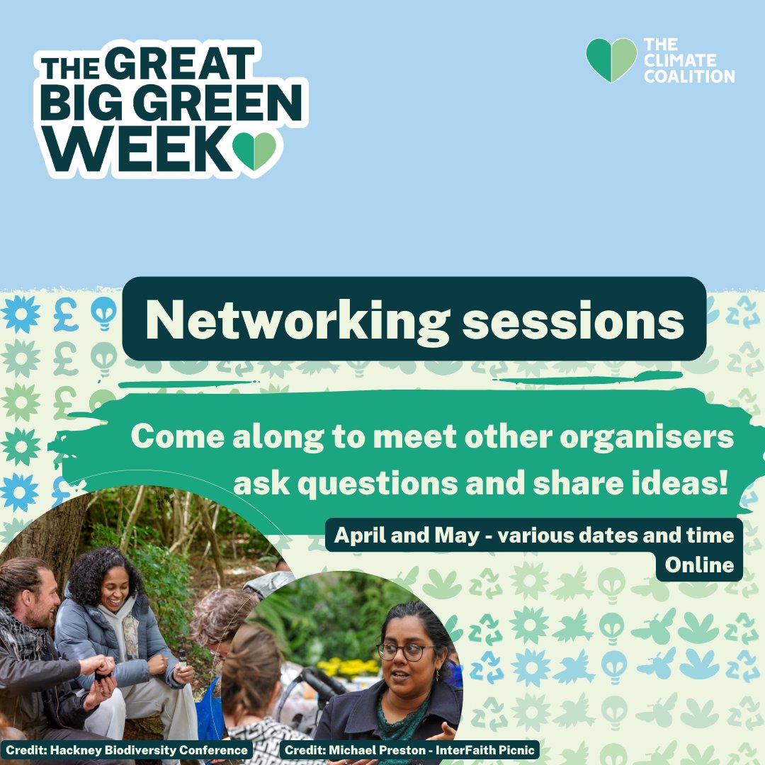 The Climate Coalition (@theccoalition) on Twitter photo Are you taking part in #GreatBigGreenWeek and want to meet other event organisers? Come along to a networking session! You'll have the opportunity to share ideas, discuss challenges and ask any questions you might have.
Sign up here 👇tickettailor.com/events/theclim… Are you taking part in #GreatBigGreenWeek and want to meet other event organisers? Come along to a networking session! You'll have the opportunity to share ideas, discuss challenges and ask any questions you might have.
Sign up here 👇tickettailor.com/events/theclim…