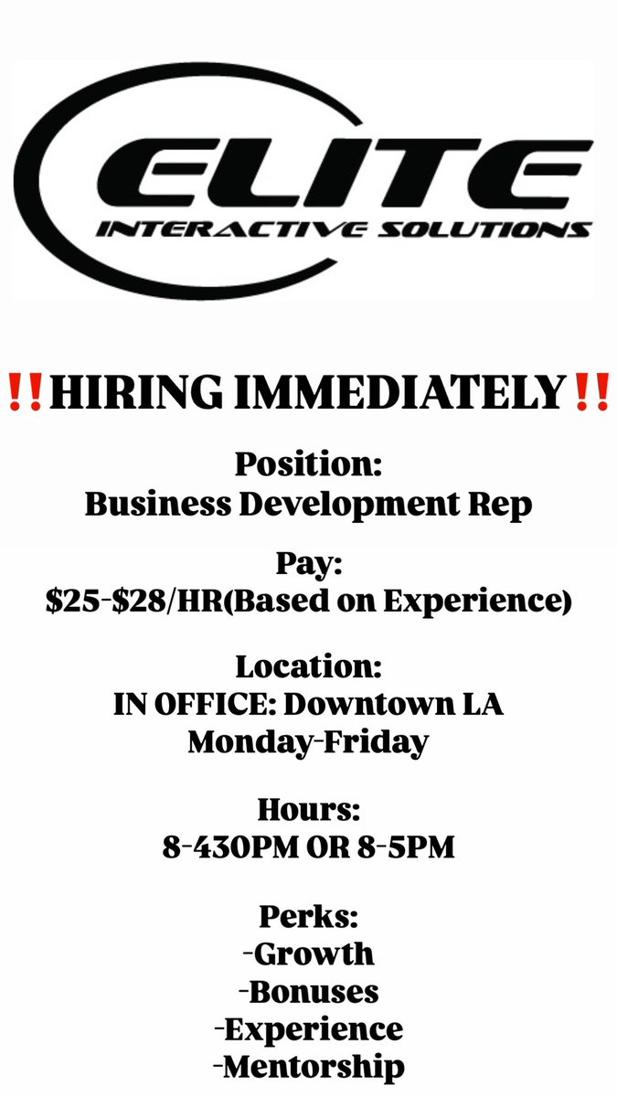 I am hiring immediately for the below. Reach out for more information.