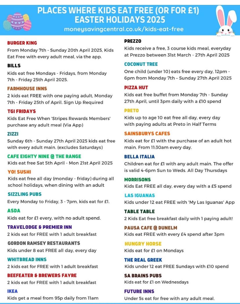 🐰 Kids Eat Free (or for £1) Easter Holidays 2025 🐰
More Restaurants &amp; Cafes will be added during the run-up to Easter here  👉 moneysavingcentral.co.uk/kids-eat-free <a href="/BoclairAcademy/">Boclair Academy</a>