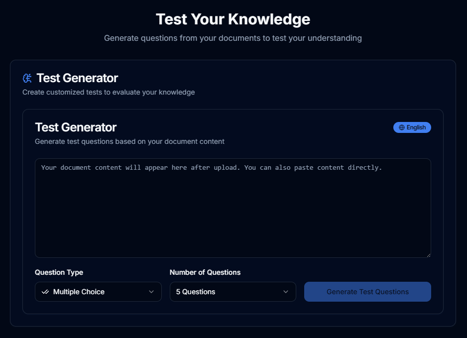 StudyAiBuddy's tweet photo. Meet the Test Generator — your new favorite tool to instantly create customized quizzes from any document or notes.

✅ Upload or paste content
🧠 Choose question type & quantity
⚡ Auto-generate questions in seconds
Perfect for students, teachers, and lifelong learners. Whether you're cramming for finals or prepping your team — this tool has your back.
Test yourself. Master anything. 🔥
#EdTech #StudyTools #Learning #Productivity #AIinEducation