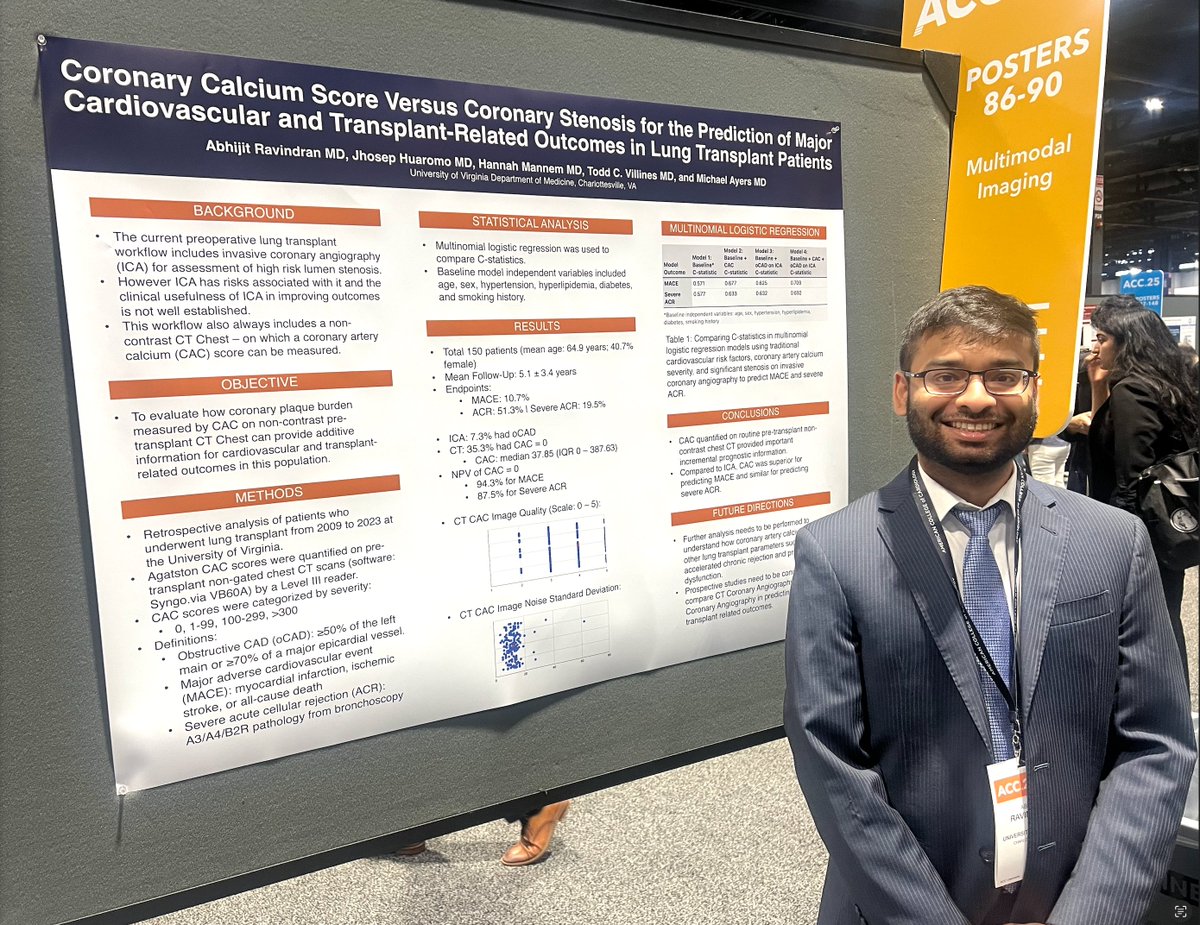 ToddVillinesMD's tweet image. 👏👏Kudos to @UvaDOM @uvaimr star resident Abjijit Ravindran on his terrific study assessing the predictive value of CAC vs stenosis on cath for predicting hard MACE &amp;amp; rejection outcomes in lung transplant patients!

@UM_Cardiology is lucky to be getting Abjijit as a fellow next…