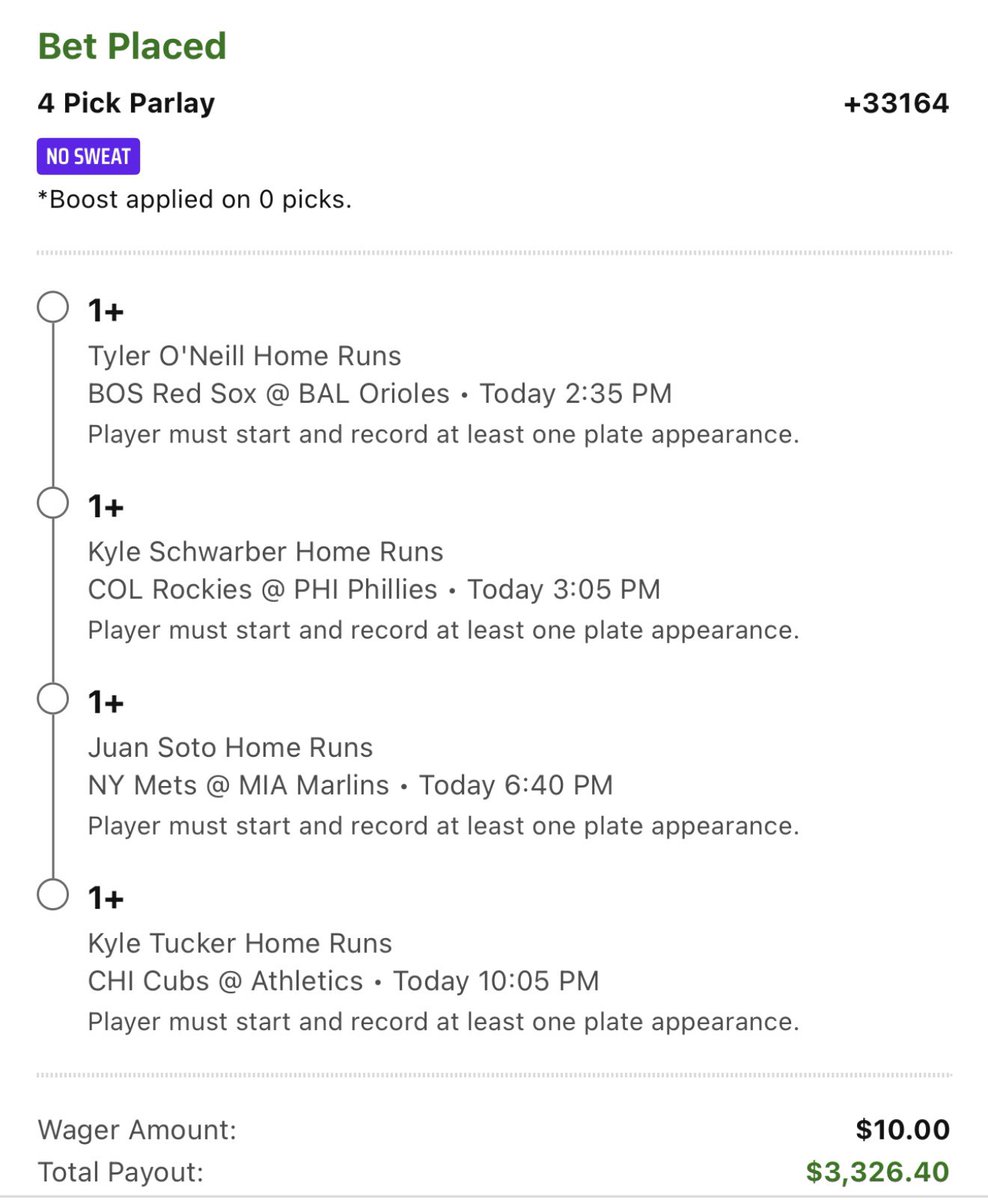 Home Run Parlay +10,860

T. O’Neill
J. Soto
K. Tucker 

Added Schwarber for the DK No Sweat…

#Parlay #HomeRun #GamblingX #Lotto #Baseball