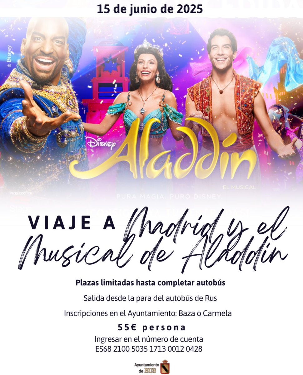 🧞VIAJE AL MUSICAL DE ALADIN🧞
#CULTURA 
🎦Desde el área de cultura se ha organizado este viaje que tendrá lugar el próximo día 15 de junio, será un viaje que se nos quedará en el recuerdo.
🔆Y por supuesto no dejéis en casa a los más pequeños, es un viaje para hacerlo en familia