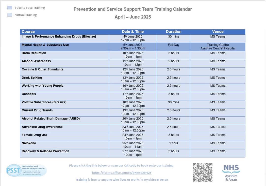 The PSST training calendar is now available for April - June 📆

This is free for anyone who lives or works in Ayrshire &amp; Arran! 

Please use the link below to book your space:

forms.office.com/e/bNxNaXHv2Y