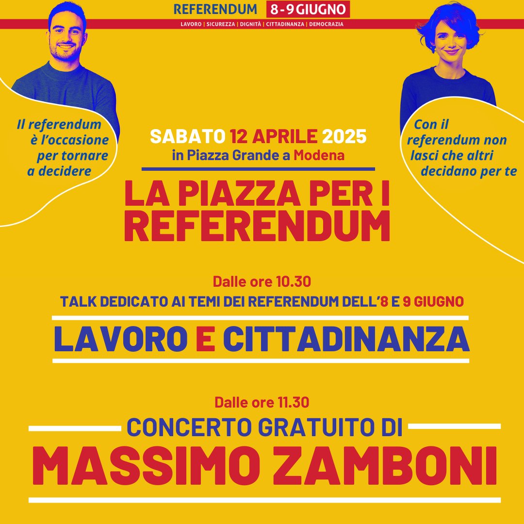 🟥 LA PIAZZA PER I REFERENDUM
#12aprile talk e musica in Piazza Grande a #Modena
Leggi tutto 👉 cgilmodena.it/?p=98606

<a href="/danieledieci/">daniele dieci</a> <a href="/cgilnazionale/">CGIL Nazionale</a> <a href="/ERCGIL/">CGIL Emilia-Romagna</a> <a href="/collettiva_news/">Collettiva</a> <a href="/PinelliFederica/">federica pinelli</a>