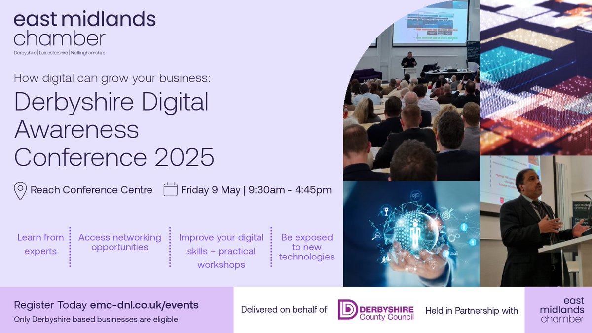 Calling all Derbyshire businesses!
Join us for the Derbyshire Digital Awareness Conference delivered with Derbyshire County Council.

🗓️9 May
🕐9:30am-4:45pm
📍Reach Conference Centre
To find out more, click here: bit.ly/3Xh9n1O

#DerbyshireBusiness  #BusinessGrowth