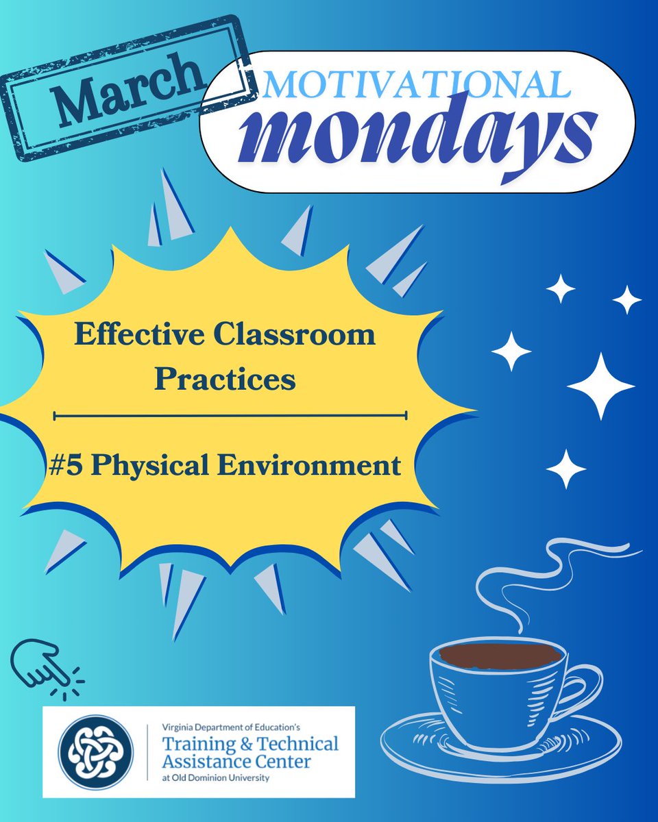 We’re back with our last March Motivational Monday sharing a practical, evidence-based practice to decrease disruptions and increase learning and engagement. Click the link below for our 5th post on: Physical Environment. <a href="/Vtss_ric/">VTSS</a>

➡️ ttac.odu.edu/behavior/march…
