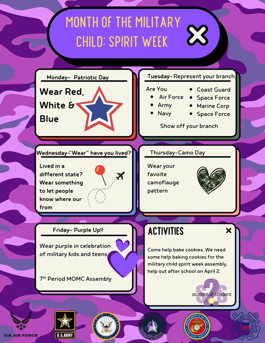 April is Month of the Military Child.  This week we will be celebrating our Military connected students!  We are proud to have each of you as RHS Knights