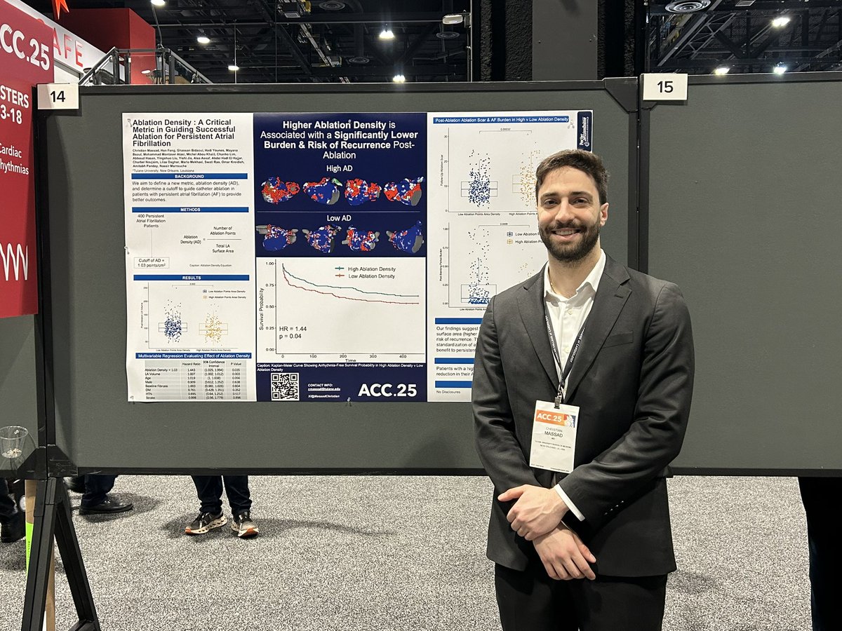 Christian Massad (@massadchristian) on Twitter photo Ablation Density = Number of Ablation Points / Total LA Surface Area
Higher ablation density is associated with better outcomes; less AF burden, lower AF recurrence, and more durable scarring post-ablation.
Thank you <a href="/nmarrouche/">Nassir Marrouche</a> and the team for the opportunity
#ACC25 #AFib #EP Ablation Density = Number of Ablation Points / Total LA Surface Area
Higher ablation density is associated with better outcomes; less AF burden, lower AF recurrence, and more durable scarring post-ablation.
Thank you <a href="/nmarrouche/">Nassir Marrouche</a> and the team for the opportunity
#ACC25 #AFib #EP