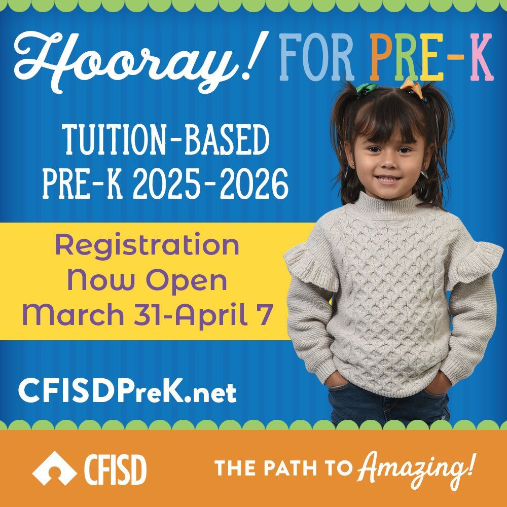 Hooray for Pre-K! Registration for the 2025-26 CFISD Tuition-Based Pre-K Program is NOW OPEN! Program information, including details about transportation, meals, before- &amp; after-school care &amp; more are available online: buff.ly/8GX9Rxe. #HoorayforPreK