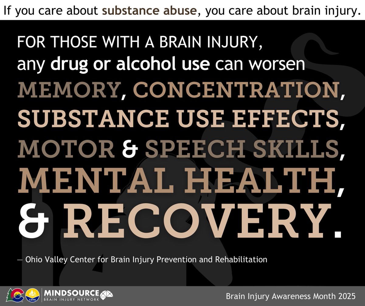 If you care about substance abuse, you care about brain injuries. #BrainInjuryAwarenessMonth2025

Learn more about the link between substance use disorder + brain injuries by taking the Behavioral Health Administration’s free brain injury training – bit.ly/brain-injury-e…