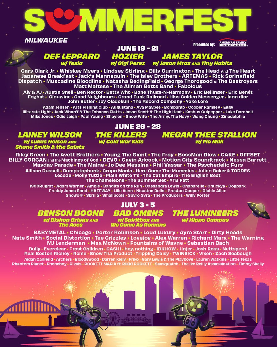 Our updated lineup poster for your Monday afternoon feed.🎉 Tell us who you are excited to see this year! #Summerfest2025
