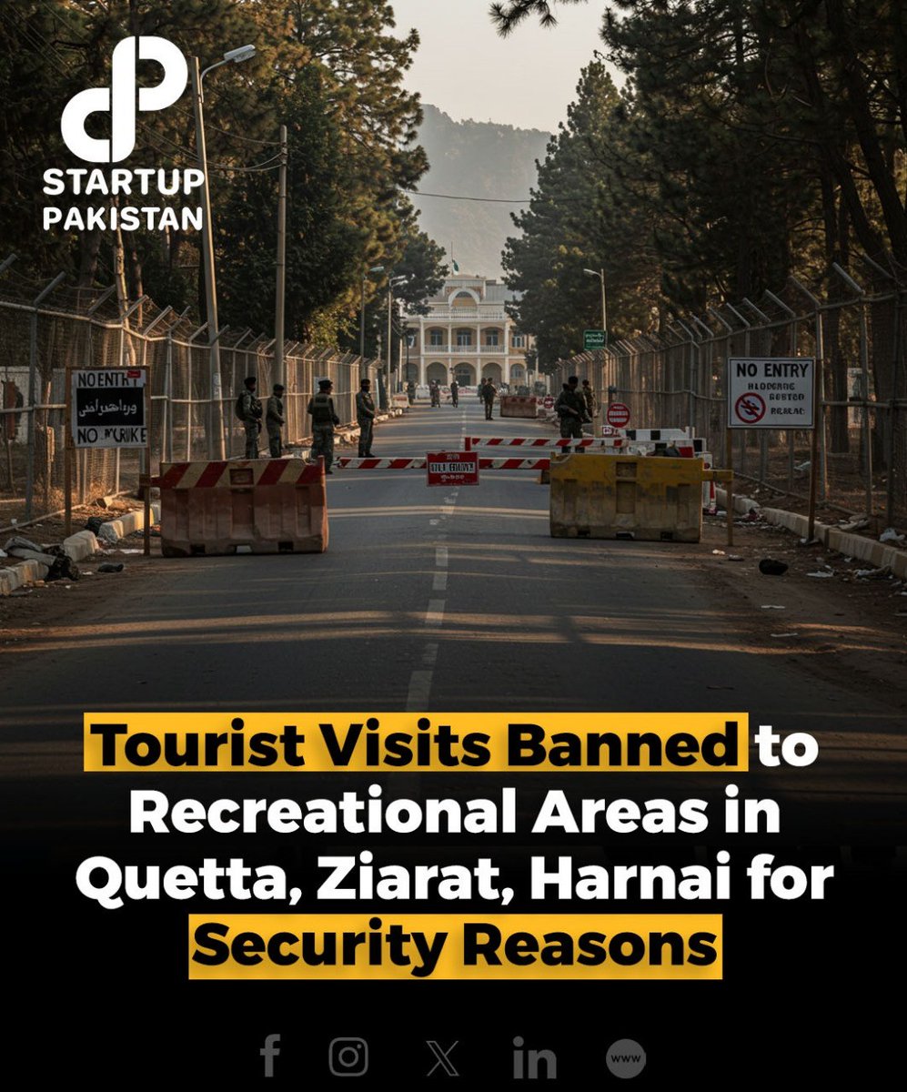 PakStartup's tweet image. The Government of Balochistan has imposed a ban on tourists visiting recreational places in Quetta, Ziarat, and Harnai due to security concerns. 

#BalochistanTourism #SecurityConcerns #EidTravelBan