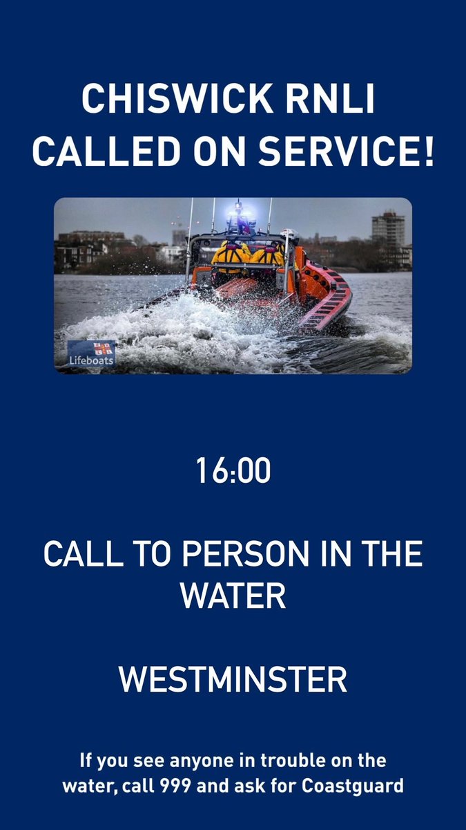 Chiswick Lifeboat launched on service!

(Click picture for details - #Westminster)

#SAR 
#Lifeboat 
#London 
#RNLI 
<a href="/RNLI/">RNLI</a> 
#Rescue 
#savinglivesatsea