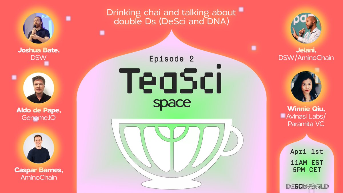 We’re stirring the chai pot this time 🍵

Talking double Ds — DeSci and DNA
…and the 23andMe breach 👀

TeaSci Space Ep. 2 ft
<a href="/JelaniC3/">Jelani Clarke, PhD (🥼,🌐)</a> <a href="/jb87ua/">Joshua</a> @WinnieQQIU <a href="/aldodepape/">Aldo de Pape</a> <a href="/casparbarnes123/">Caspar Barnes</a>