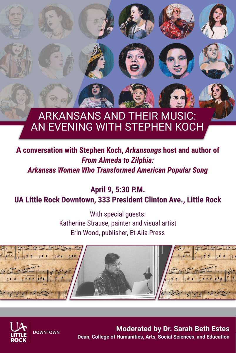 Join us for this conversation on April 9 at 5:30 pm, accompanied by the exhibit "Arkansans and Their Music."
On display at UA Little Rock Downtown now through May 15, 2025.
To schedule an individual or group visit, email downtown@ualr.edu.