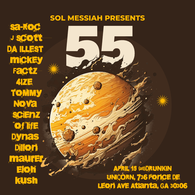 Speakeasy Promotions (@speakeasypromo) on Twitter photo NEW ONE :: <a href="/solmessiah/">Sol Messiah</a> presents... 55 on 4/15 <a href="/drunkenunicorn/">The Drunken Unicorn</a> featuring <a href="/sarocthemc/">sa-roc</a>, <a href="/jscottdaillest/">J. Scott da illesT</a> , <a href="/MickeyFactz/">IG: Mickey.Factz</a> , <a href="/4IZE/">4IZE</a> , <a href="/TommyNova/">Tommy Nova</a>, <a href="/Scienzoflife/">Scienz of Life</a>, <a href="/DYNAS/">DYNAS</a>, <a href="/DillonMaurer/">DILLON</a>, and <a href="/ELOHKUSH/">Eloh Kush</a>. Tix on sale now: bigtickets.com/e/spnb/solmess… NEW ONE :: <a href="/solmessiah/">Sol Messiah</a> presents... 55 on 4/15 <a href="/drunkenunicorn/">The Drunken Unicorn</a> featuring <a href="/sarocthemc/">sa-roc</a>, <a href="/jscottdaillest/">J. Scott da illesT</a> , <a href="/MickeyFactz/">IG: Mickey.Factz</a> , <a href="/4IZE/">4IZE</a> , <a href="/TommyNova/">Tommy Nova</a>, <a href="/Scienzoflife/">Scienz of Life</a>, <a href="/DYNAS/">DYNAS</a>, <a href="/DillonMaurer/">DILLON</a>, and <a href="/ELOHKUSH/">Eloh Kush</a>. Tix on sale now: bigtickets.com/e/spnb/solmess…