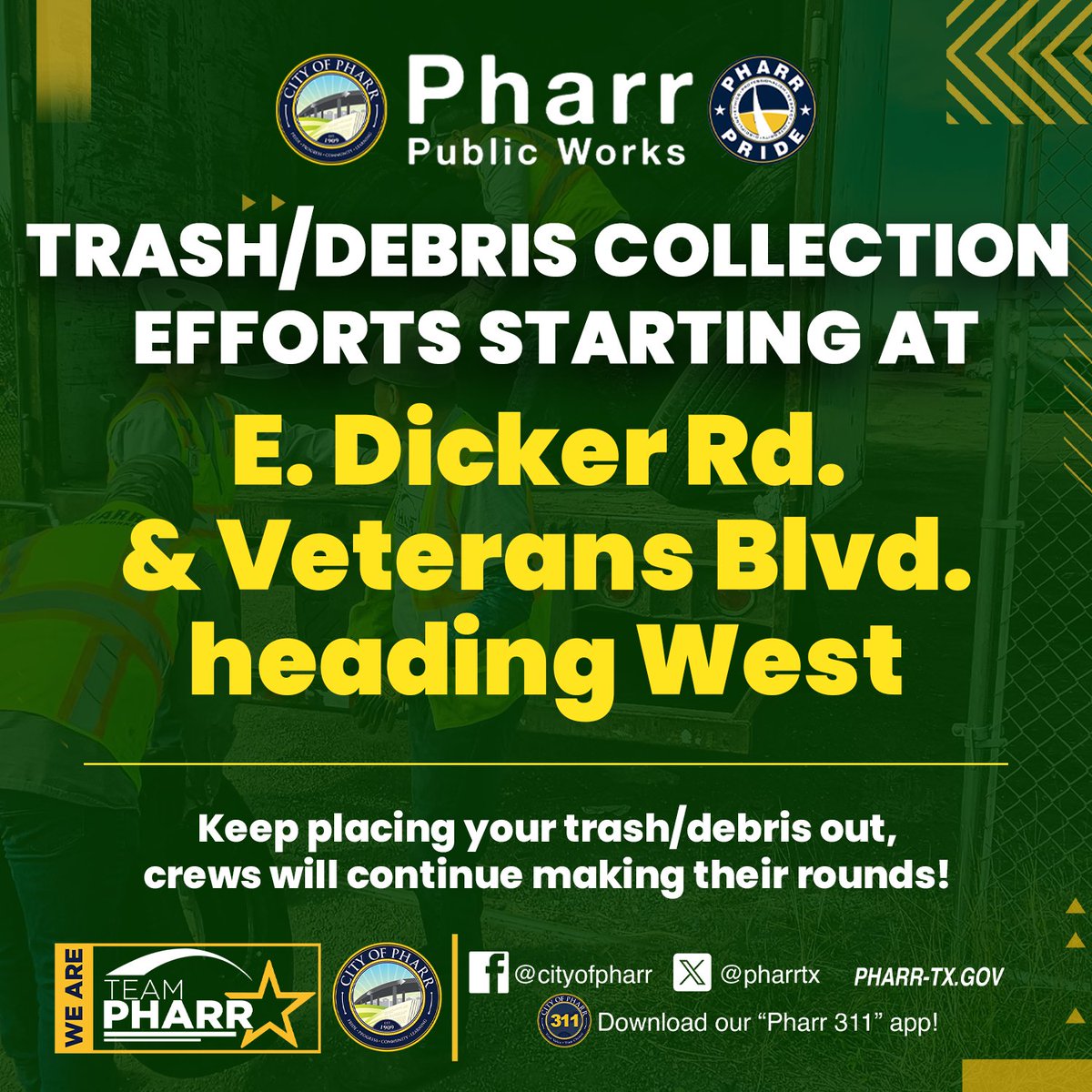 City of Pharr (@pharrtx) on Twitter photo Trash & Debris Collection Update 🚛
Crews are making their way west from E. Dicker Rd. & Veterans Blvd. 
Keep placing your items out, and they’ll get to you soon! Trash & Debris Collection Update 🚛
Crews are making their way west from E. Dicker Rd. & Veterans Blvd. 
Keep placing your items out, and they’ll get to you soon!