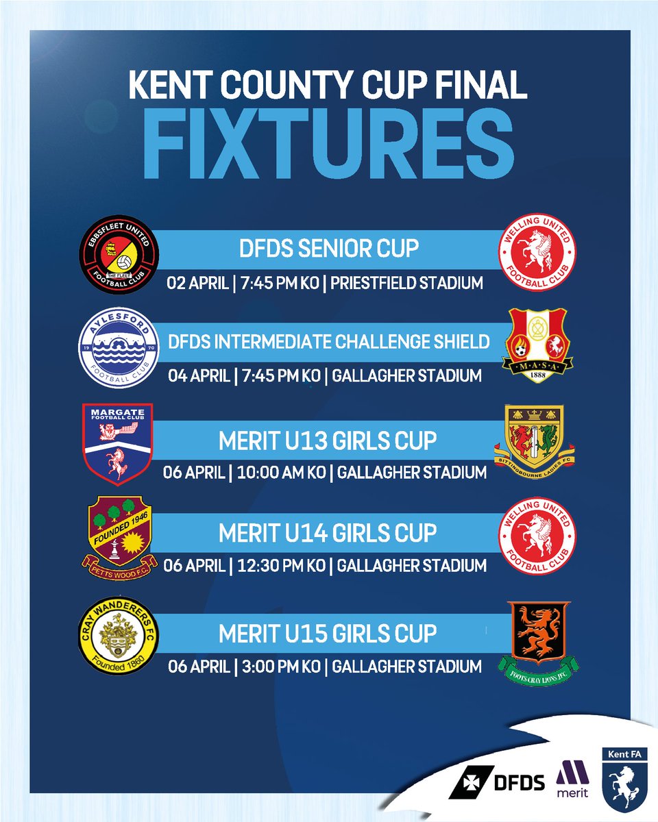 KENT COUNTY CUP FINALS 🏆 | Onto a big week of Kent County Cup Final action.

We start with a trip to Priestfield Stadium on Wednesday for the 140th final of the DFDS Kent Senior Cup: <a href="/EUFCofficial/">Ebbsfleet United FC</a> 🆚 @WellingUnited

On Friday at the Gallagher Stadium, we have:
DFDS Kent