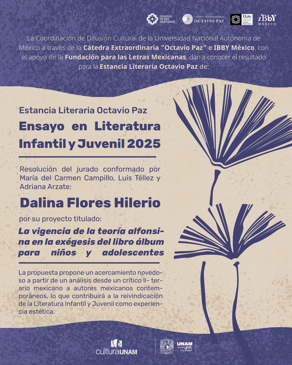 La Cátedra Extraordinaria Octavio Paz, Poesía (CEOP), coordinada por la poeta María Baranda, da a conocer que Alejandro Tarrab en Poesía; Noel René Cisneros, en Ensayo en Artes Visuales y Dalina Flores Hilerio, en Ensayo en Literatura Infantil y Juvenil, son los ganadores de las