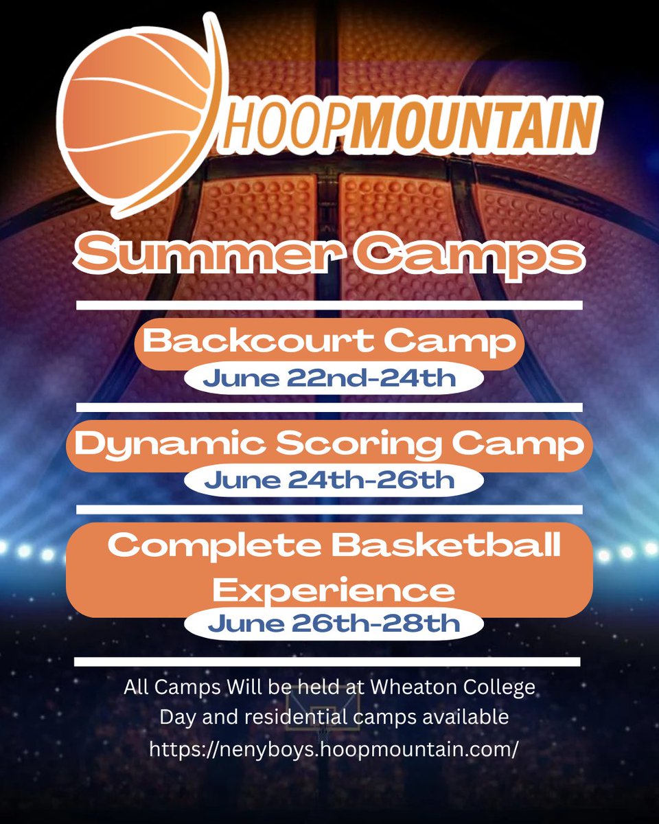Our great summer camps we will be hosting at Wheaton College! For more information visit the website linked below: 
nenyboys.hoopmountain.com
