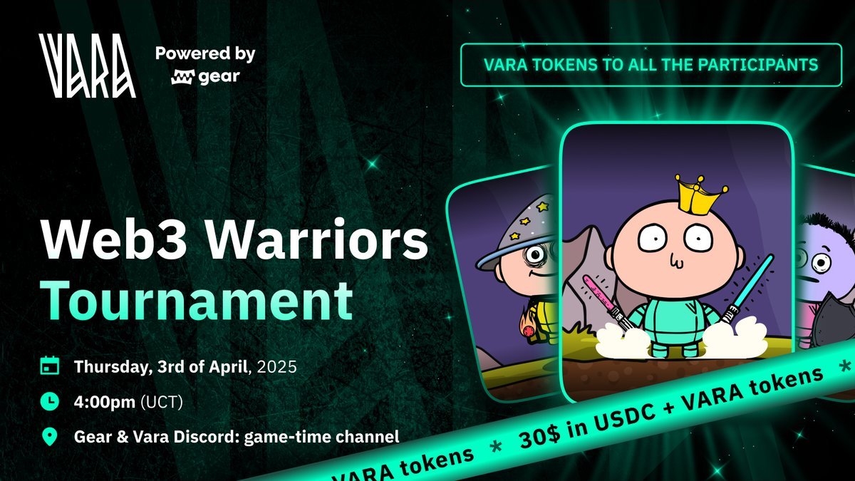📢 首届 Vara WEB3 WARRIORS 争霸赛下周开启！ ⚔️🔥

勇士们将在 Vara 测试网 上展开激战，同时在 Discord 语音频道实时交流！🎙️💥

所有比赛详情将在 Discord 公布，立即加入 👉 discord.gg/gear-vara 🚀