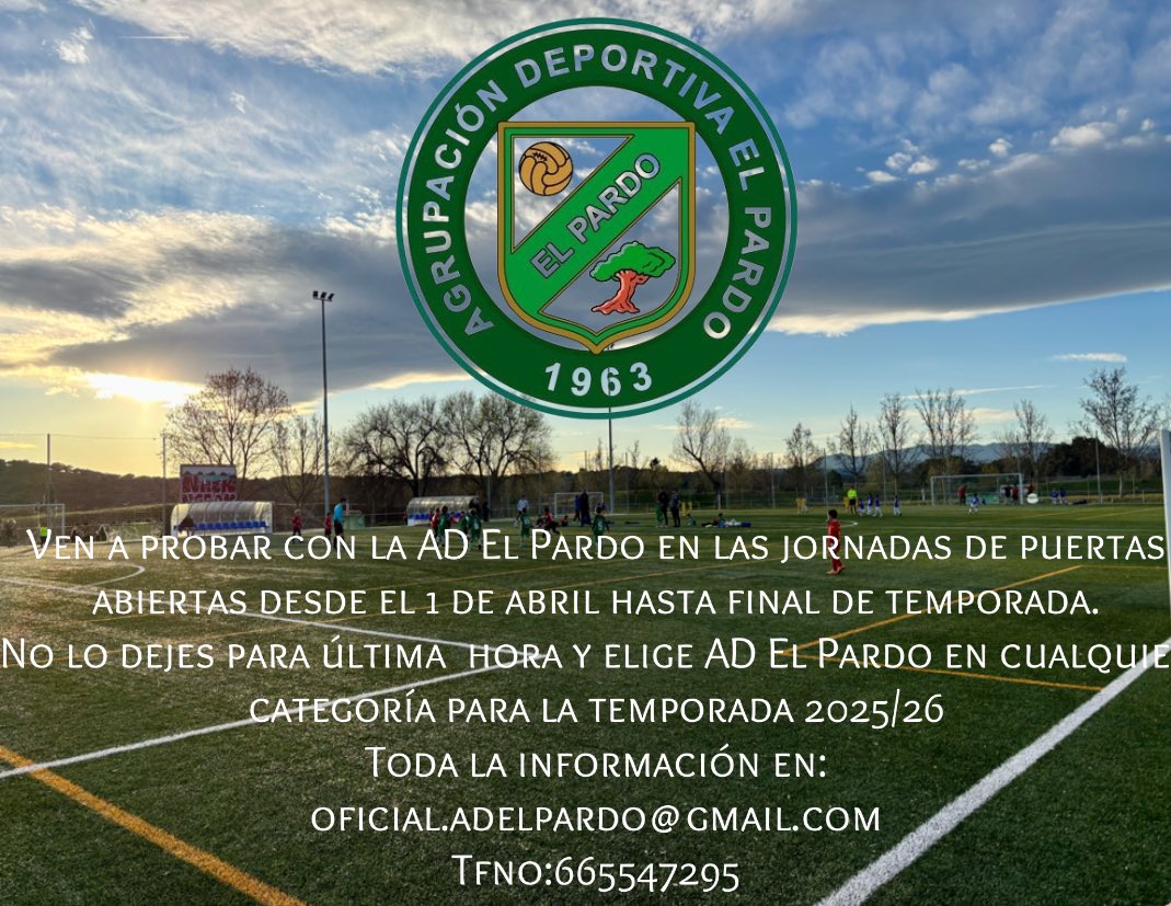Ven a probar con la AD El Pardo en las jornadas de puertas abiertas desde el 1 de abril hasta final de temporada.
No dejes para última elegir hora y elige AD El Pardo en cualquier categoría para la temporada 2025/26
Toda la información en:
oficial.adelpardo@gmail.com