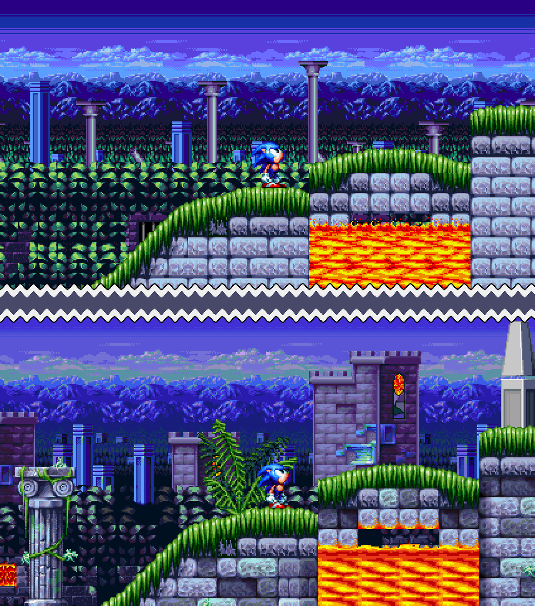 MegamixMania's tweet photo. If you had thought the polishing treatment for the zones was exclusive to Megamix Mode, then think again!

Classic Levels will be receiving a facelift as well!

Presenting the Overhauled Classic Mode Dark Fortress Zone compared to the v0.9 version! https://t.co/UB50cTWe3U