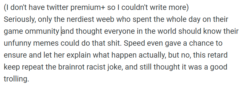 Stymphalin's tweet photo. Fucking disgusting !  Listen up, nobody gives a shit about your shitty ass meme from a shitty ass game community. you fucking low EQ weeb bitch ! what do you expect for when speed heard you say you're a racist n**ger killer and with no any explanation this is a joke? #IShowSpeed https://t.co/erbJ4MYUsg