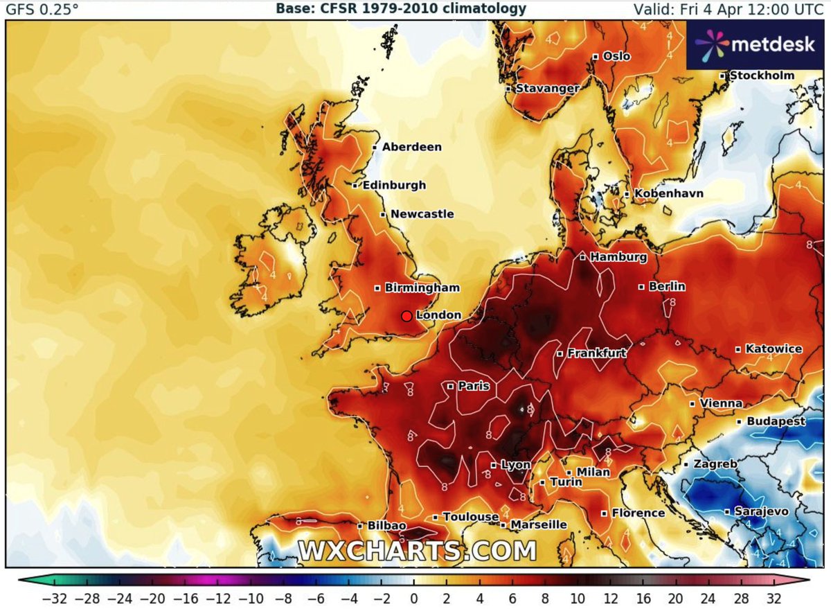 Early heat wave hits Europe—many areas 8°C above normal. Even Scotland will see temps 8°C higher than avg this week at some point. The UK’s driest March in over 60 years just adds to the extremes being witnessed in this rapidly warming climate.