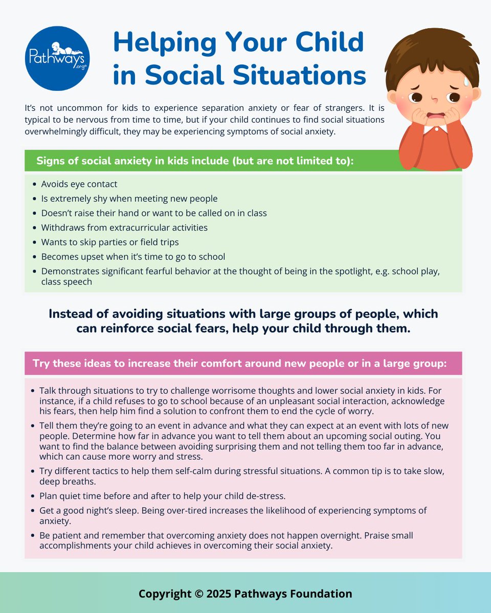 Does your little one get nervous in social settings? It’s normal for kids to experience separation anxiety or fear of strangers but if social anxiety interferes with daily life, you may need extra support. For tips on building social-emotional skills visit pathways.org/videos/parents…