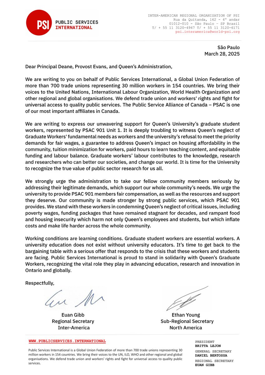 PSI Interamérica (@ispinteramerica) on Twitter photo <a href="/PSIglobalunion/">Public Services International @psiglobalunion.bsky</a> fully supports our Canadian affiliates <a href="/psac_afpc/">PSAC-AFPC</a> and @psac901 as Queen’s University graduate student workers strike for better working conditions.
<a href="/queensu/">Queen's University</a> graduate workers’ labor is essential to advancing knowledge, research and innovation
#gradworkers <a href="/PSIglobalunion/">Public Services International @psiglobalunion.bsky</a> fully supports our Canadian affiliates <a href="/psac_afpc/">PSAC-AFPC</a> and @psac901 as Queen’s University graduate student workers strike for better working conditions.
<a href="/queensu/">Queen's University</a> graduate workers’ labor is essential to advancing knowledge, research and innovation
#gradworkers