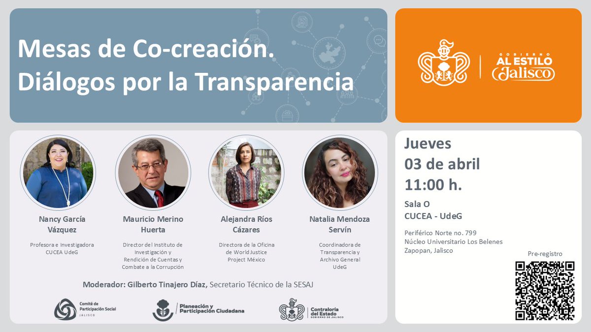 cpsseajal (@cpsseajal) on Twitter photo #Agéndalo |🗓️Jueves 3/abril ⏰11:00 h
👉Continúan los #Diálogos de Co-creación por la #Transparencia.
👥Participan <a href="/NancyGarv/">Nancy Garcia</a>, Mauricio Merino, Alejandra Ríos, <a href="/NataliaMese/">Natalia Mendoza Servín</a>, <a href="/Gtinajero5/">Gilberto Tinajero</a>.
Regístrate y acompáñanos
forms.office.com/r/EEQymfAx9H
📍Sala O, CUCEA-UdeG
📽️Transmisión en vivo #Agéndalo |🗓️Jueves 3/abril ⏰11:00 h
👉Continúan los #Diálogos de Co-creación por la #Transparencia.
👥Participan <a href="/NancyGarv/">Nancy Garcia</a>, Mauricio Merino, Alejandra Ríos, <a href="/NataliaMese/">Natalia Mendoza Servín</a>, <a href="/Gtinajero5/">Gilberto Tinajero</a>.
Regístrate y acompáñanos
forms.office.com/r/EEQymfAx9H
📍Sala O, CUCEA-UdeG
📽️Transmisión en vivo