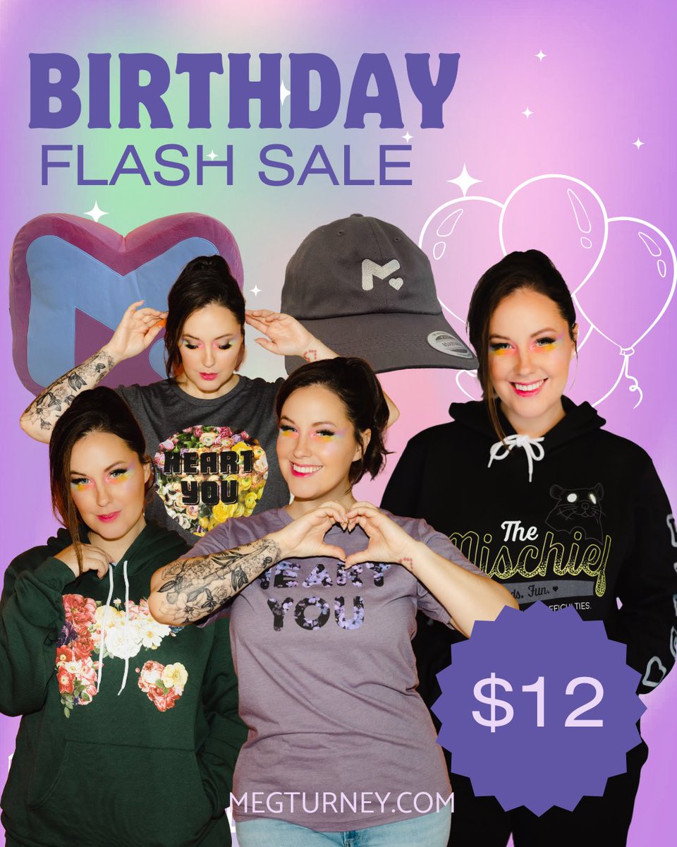 MegTurneyMerch's tweet image. To celebrate the last day of a month of Birthday Flash Sales, Today all merch in the store is $12! Get your comfy hoodies, joggers, tees, and hats at a super sweet deal!