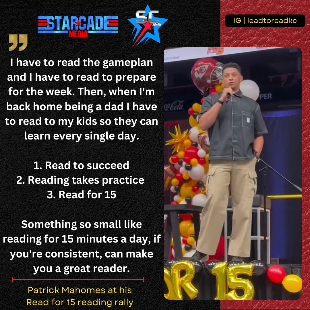 Starcade Media (@starcademediakc) on Twitter photo Part of #PatrickMahomes' message to kids at his Read for 15 reading rally with <a href="/15andMahomies/">15 and the Mahomies</a>.
📷: <a href="/LeadtoReadKC/">Lead to Read KC</a> Part of #PatrickMahomes' message to kids at his Read for 15 reading rally with <a href="/15andMahomies/">15 and the Mahomies</a>.
📷: <a href="/LeadtoReadKC/">Lead to Read KC</a>
