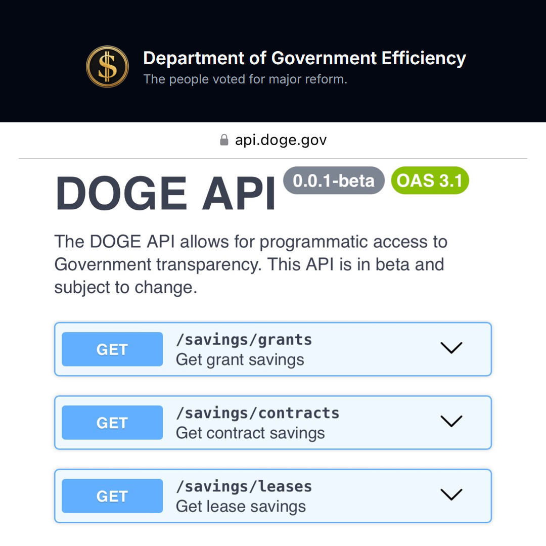 cb_doge's tweet image. BREAKING: DOGE now has an API, giving people direct access to transparency.