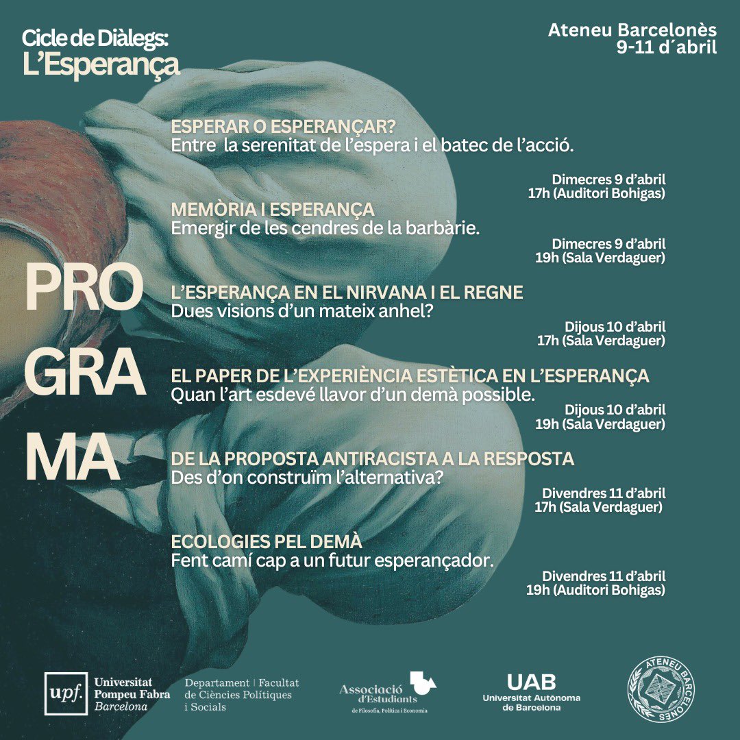 Esperança: ens en sortim (@ciclededialegs) on Twitter photo 📣Ja tenim aquí el programa complert del cicle de diàlegs “L’Esperança: ens en sortim?”
🗓️Recordeu, us esperem del dimecres 9 al divendres 11 d’abril a l’<a href="/AteneuBCN/">Ateneu Barcelonès</a> 📣Ja tenim aquí el programa complert del cicle de diàlegs “L’Esperança: ens en sortim?”
🗓️Recordeu, us esperem del dimecres 9 al divendres 11 d’abril a l’<a href="/AteneuBCN/">Ateneu Barcelonès</a>