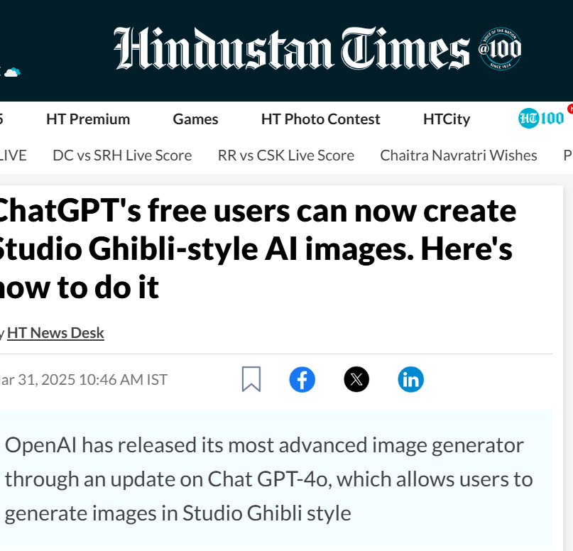 Harshita Joshi (@writercorporate) on Twitter photo The <a href="/htTweets/">Hindustan Times</a> hypocrisy is unreal. On one hand, they’re warning about the trending AI-generated Ghibli art, and on the other, they’re publishing a guide on "How to create Ghibli art using ChatGPT." Which side are they really on? #htTweets #ChatGPT #ghibliart The <a href="/htTweets/">Hindustan Times</a> hypocrisy is unreal. On one hand, they’re warning about the trending AI-generated Ghibli art, and on the other, they’re publishing a guide on "How to create Ghibli art using ChatGPT." Which side are they really on? #htTweets #ChatGPT #ghibliart