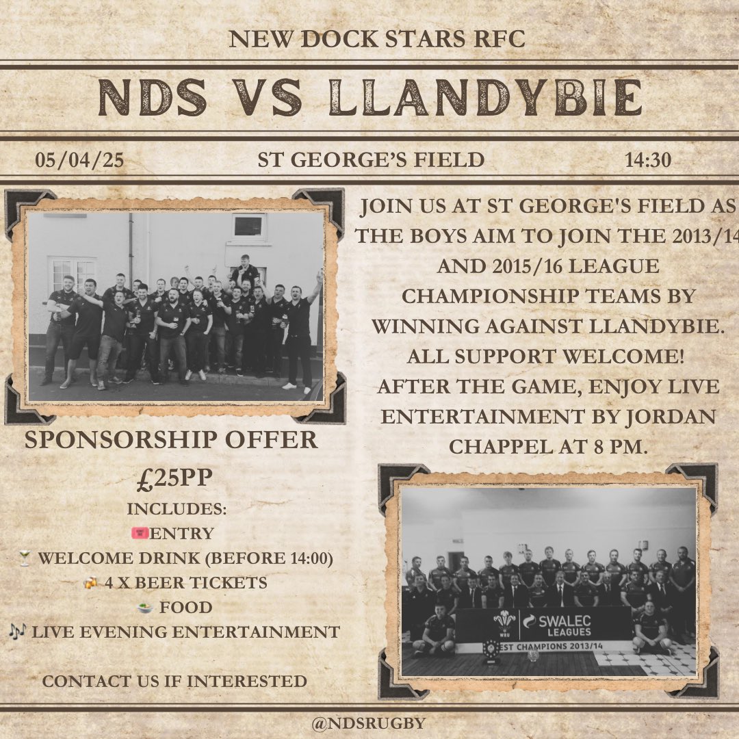 NDSRugby's tweet image. New Dock Stars RFC can make history this Saturday! A win against Llandybie (KO 14:30) and we join the legendary 2013/14 &amp;amp; 2015/16 league-winning sides. We need all the support at St George’s Field!

🎶🍻 Post-match live entertainment from Jordan Chappell (8 PM)!