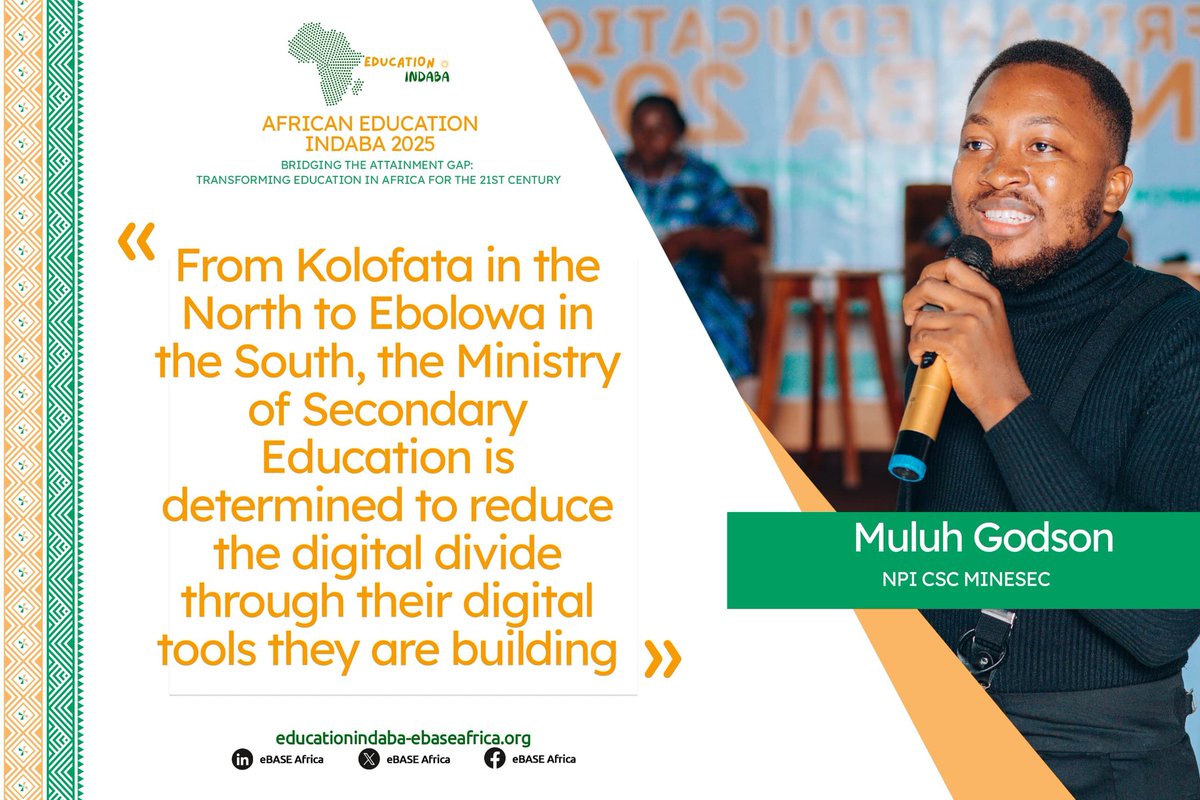 eBASE Africa (@ebase_africa) on Twitter photo "From Kolofata in the North to Ebolowa in the South, the Ministry of Secondary Education is determined to reduce the digital divide through their digital tools they are building." <a href="/muluhgodson/">Muluh MG Godson</a>, NPI CSC MINESEC Cameroon.
#EIC2025
#WeAttain
#InspiringHope
<a href="/GlobalEdTechHub/">EdTech Hub</a> "From Kolofata in the North to Ebolowa in the South, the Ministry of Secondary Education is determined to reduce the digital divide through their digital tools they are building." <a href="/muluhgodson/">Muluh MG Godson</a>, NPI CSC MINESEC Cameroon.
#EIC2025
#WeAttain
#InspiringHope
<a href="/GlobalEdTechHub/">EdTech Hub</a>