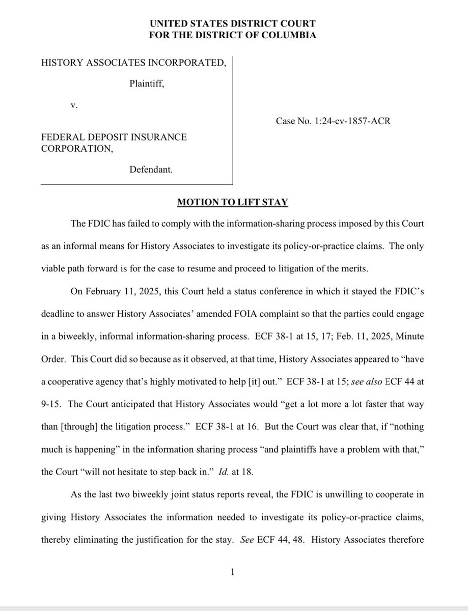 🚨NEW: @Coinbase has submitted a motion in D.C. District Court today, urging the judge in its FOIA lawsuit against <a href="/FDICgov/">FDIC</a> to lift the ongoing litigation stay. In the filing, Coinbase says that the FDIC is still withholding crucial documents and failing to cooperate with the