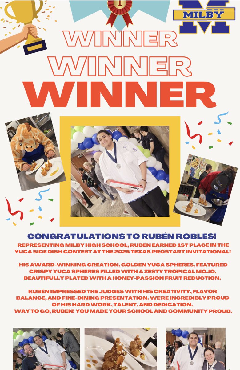 Charles Milby High School (@milby_hs) on Twitter photo CONGRATULATIONS TO RUBΓN 1st Place in the
Yuca Side Dish Contest 2025 Texas ProStart Invitational!
RubΓ©n impressed the judges with his creativity, flavor balance, and fine-dining presentation.Weβre incredibly proud of his hard work, talent, and dedication. Way to go, RubΓ©n CONGRATULATIONS TO RUBΓN 1st Place in the
Yuca Side Dish Contest 2025 Texas ProStart Invitational!
RubΓ©n impressed the judges with his creativity, flavor balance, and fine-dining presentation.Weβre incredibly proud of his hard work, talent, and dedication. Way to go, RubΓ©n