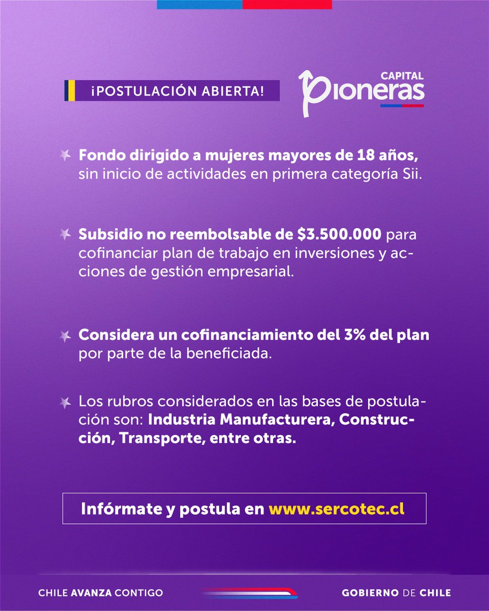 ¡#OjoAlDato Mujeres emprendedoras!

📌 Ya puedes postular al fondo “Capital Pioneras” que entrega un subsidio de hasta $3.500.000 para nuevos negocios liderados por mujeres en rubros donde los hombres históricamente han tenido mayor participación. 

📍Capital Pioneras permite
