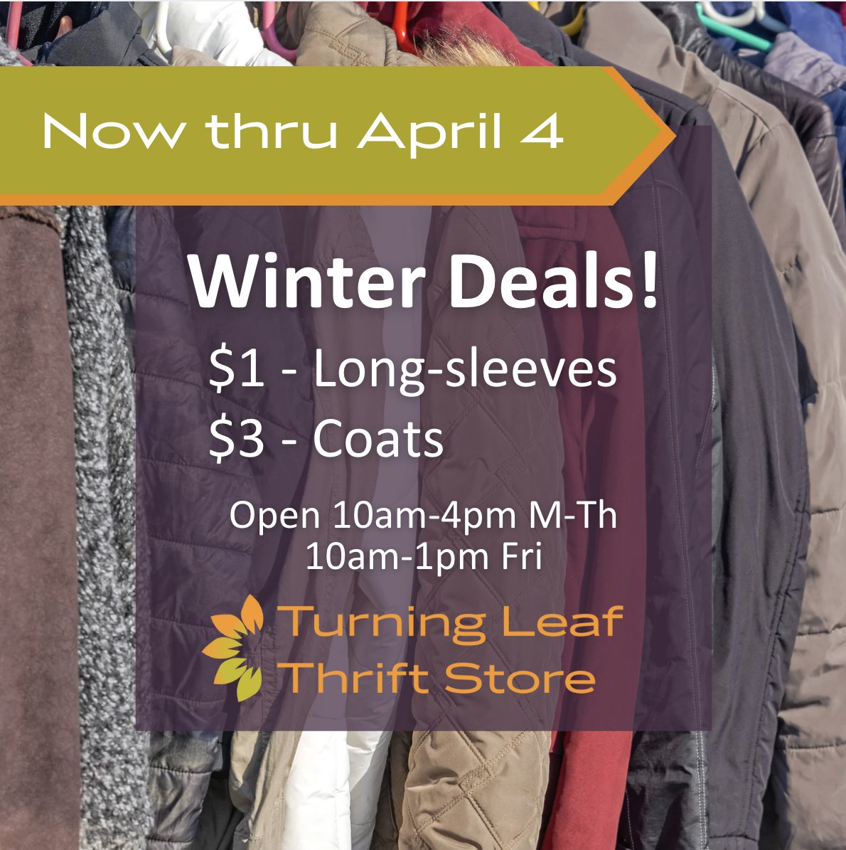 Winter Sale! Hurry in and scoop up great coats and long sleeves for some amazing prices!